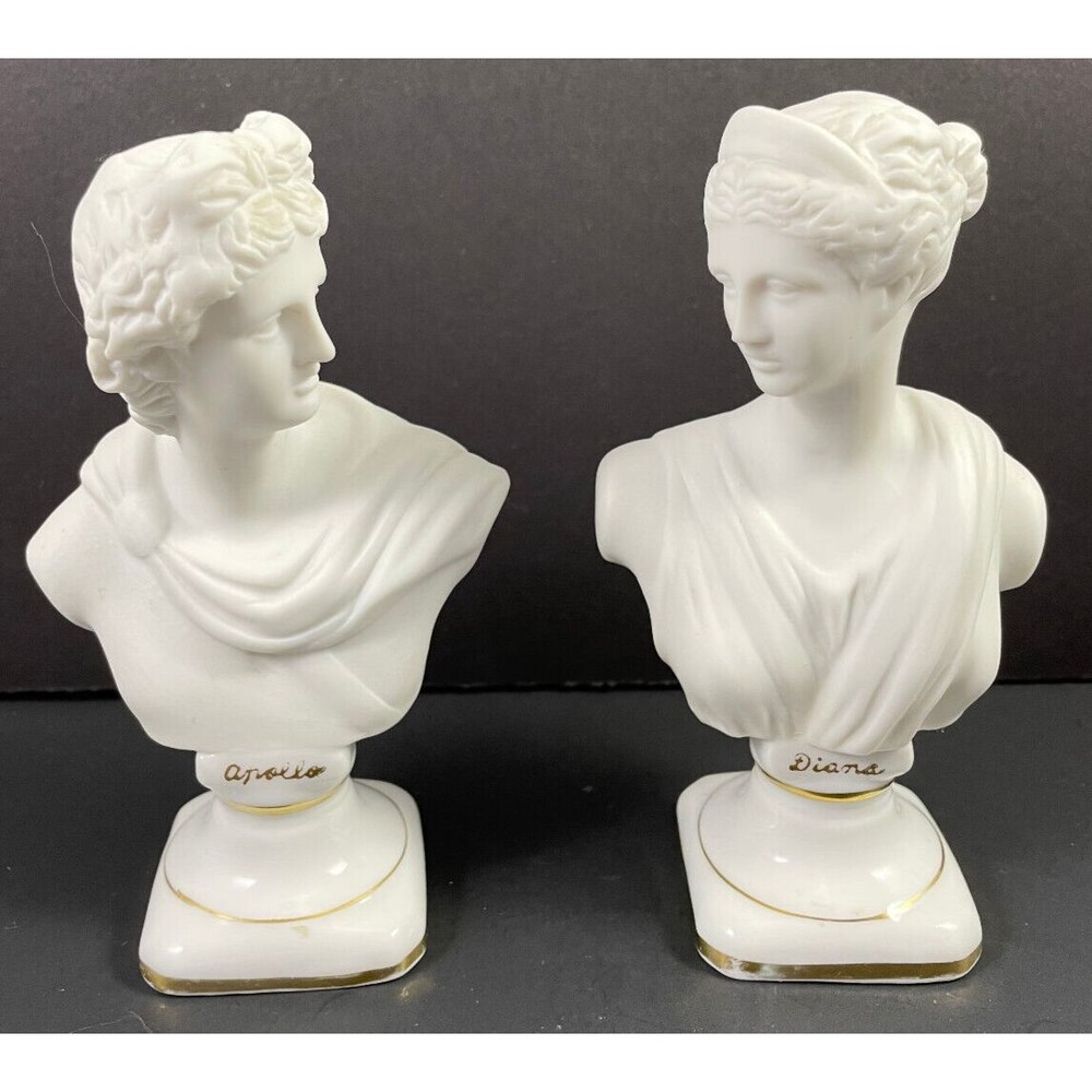 Artemis Diana & Apollo Bust Greek Figurine Gods White Gold 5" Bust Numbered